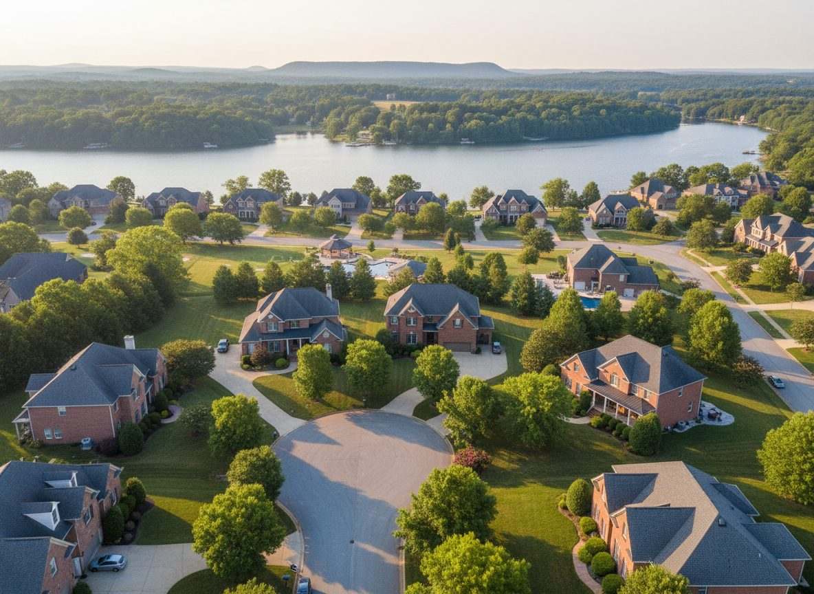 An upscale Farragut, Tennessee neighborhood of two-story brick homes near Fort Loudoun Lake