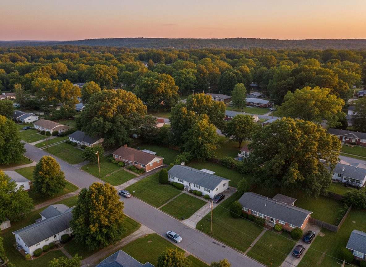 An established Oak Ridge, Tennessee neighborhood of one-story ranch homes under mature trees with a forested ridge behind