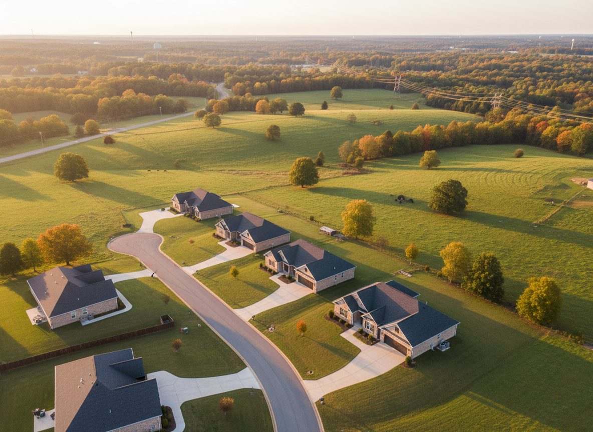 A rural-edge Powell, Tennessee area with newer single-family homes beside open green fields and rolling hills
