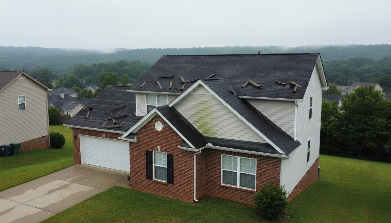 A storm-damaged Knoxville roof with curling, wind-lifted asphalt shingles and a worn valley
