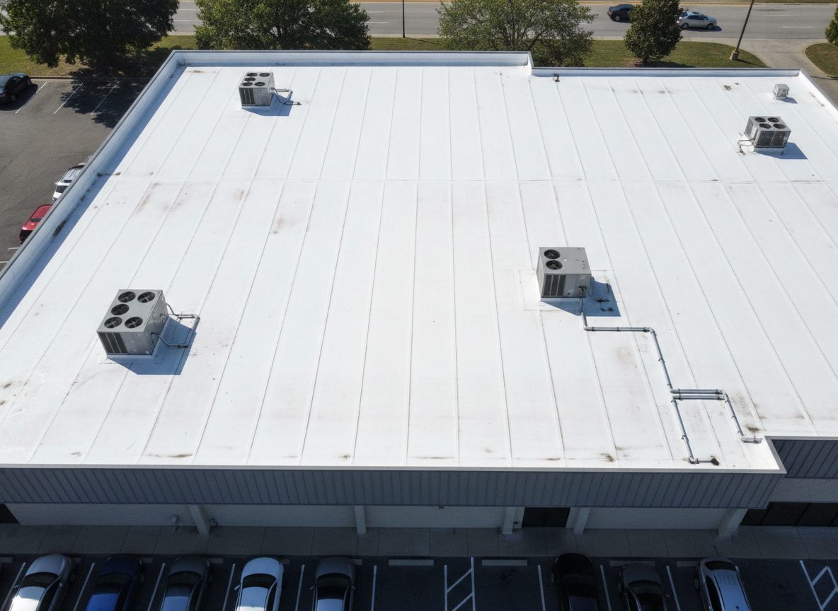 A white TPO membrane flat roof on a single-story commercial building with rooftop HVAC units