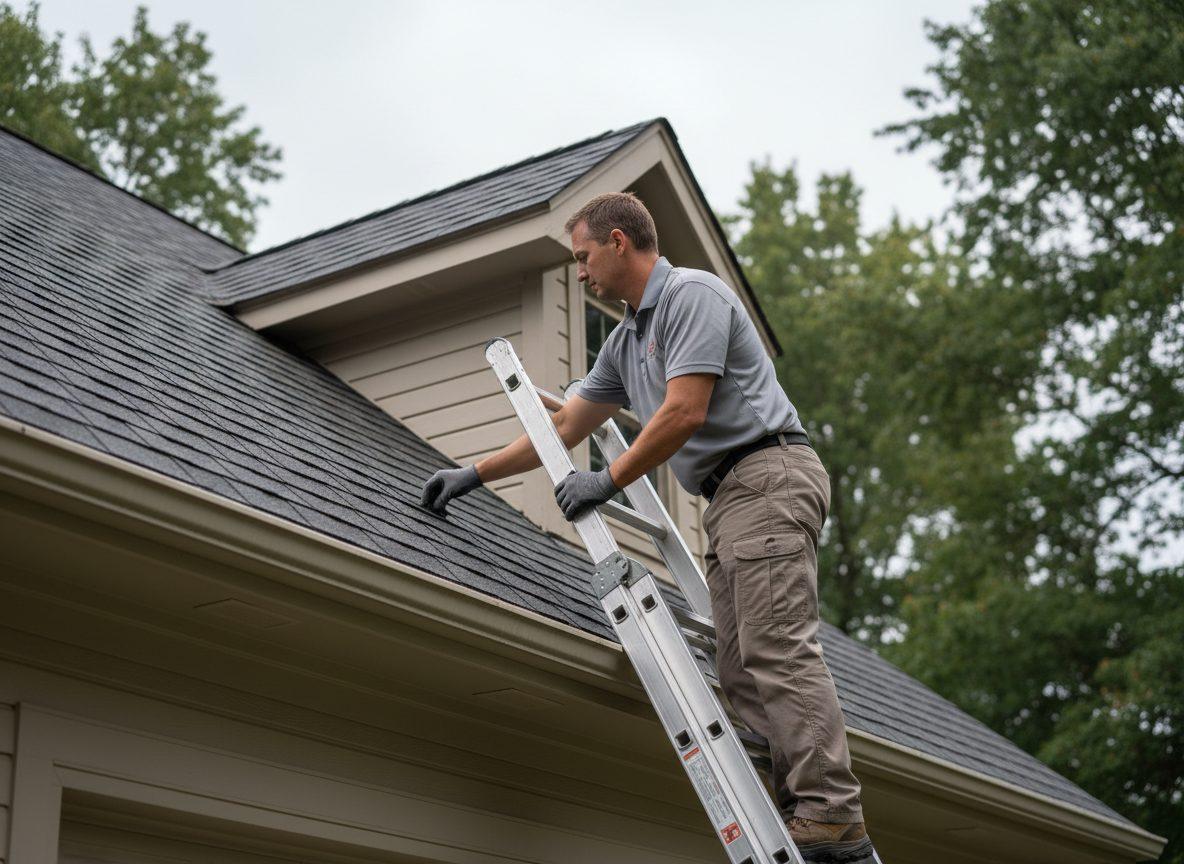 A roof inspector on a secured extension ladder at the gutter line checking the edge of an asphalt shingle roof