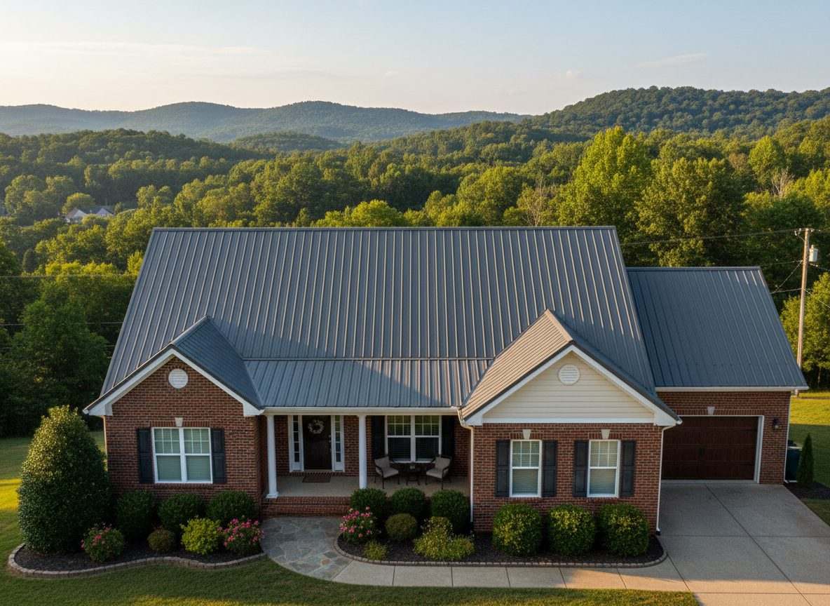 An East Tennessee brick home with a charcoal standing-seam metal roof against green wooded hills