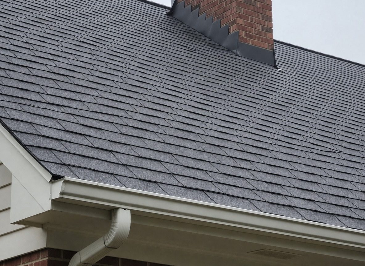 Illustrative example: the same roof after repair, with the damaged section replaced by matching shingles