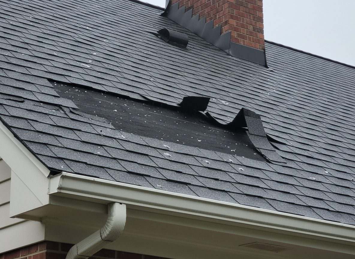 A Knoxville asphalt shingle roof with torn shingles exposing the black felt underlayment near the chimney