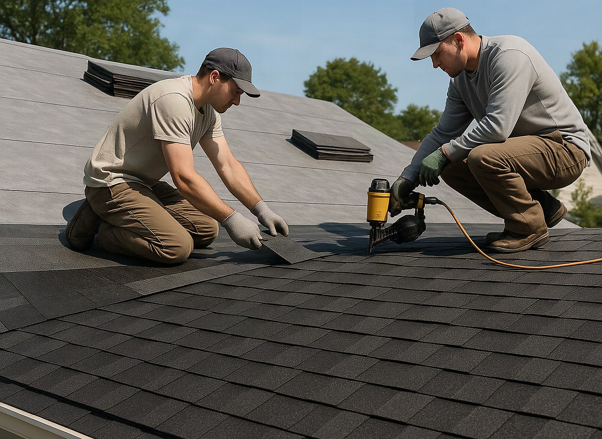 Illustrative example: two roofers on a suburban roof slope, setting new architectural shingles in straight courses below a section of bare deck still covered in underlayment, with a nail gun and stacked shingle bundles staged nearby