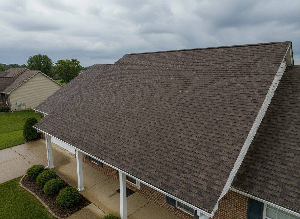 Illustrative example: the same roof fully repaired with new matching shingles and the tarp removed