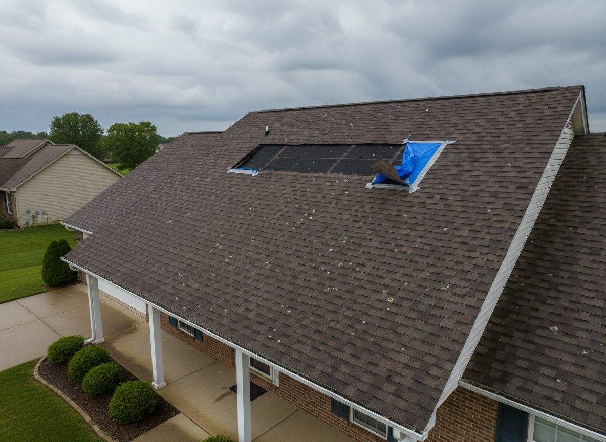 A storm-damaged Knoxville-area roof with a tarped section and torn shingles exposing the underlayment